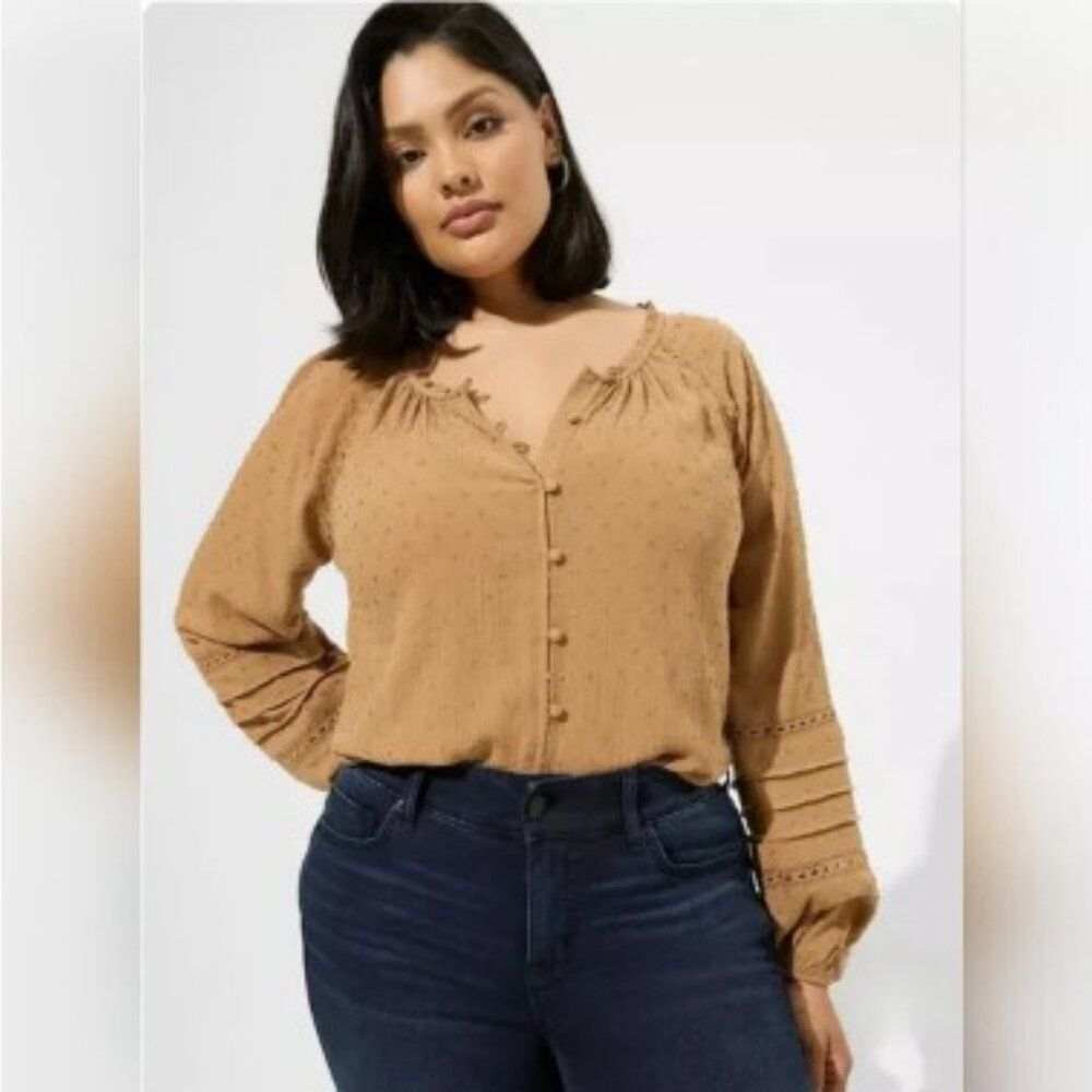 Torrid Washable Gauze Lace Inset Top Long Sleeve Tobacco Brown Womens 5